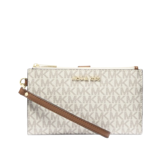 Cartera Michael Kors Double Zip Wristlet – Monograma Vanilla/Café