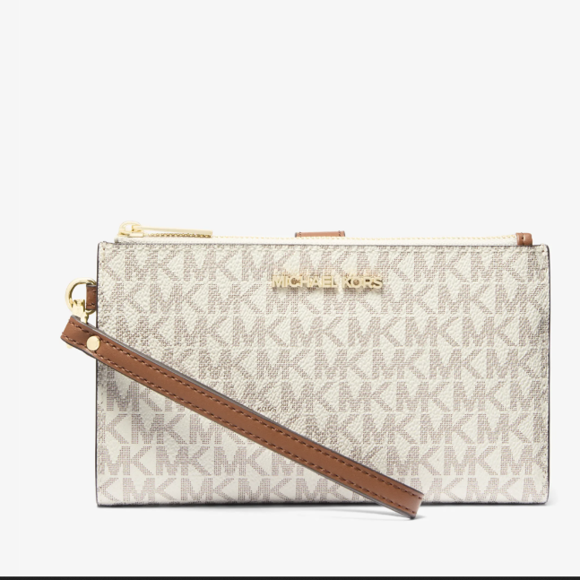 Cartera Michael Kors Double Zip Wristlet – Monograma Vanilla/Café